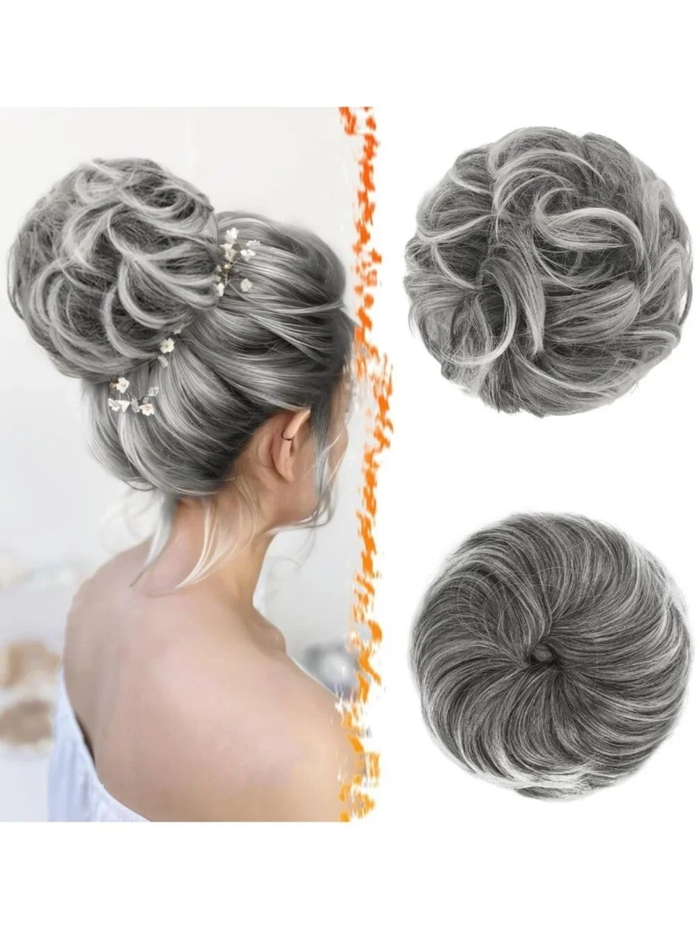 2 PCS Grey Messy Bun Hair Pieces - Soft Fluffy Updo Scrunchies for Women